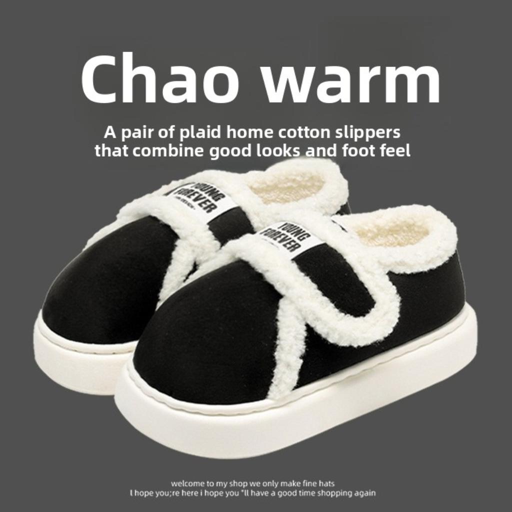Cotton Slippers for Women To Wear Outdoors In Winter, Indoor Home with Thick Soles and Plush Insulation Bag and Velcro Cotton Shoes