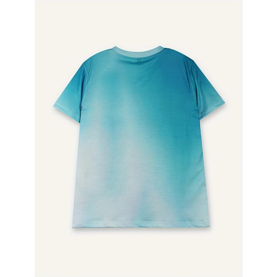 Żywy zabawny T-shirt z grafiką kota - Miękki ombre dekolt załogowy, Krótki rękaw, Letni niezbędnik, Damska odzież codzienna, Idealny dla miłośników kotów