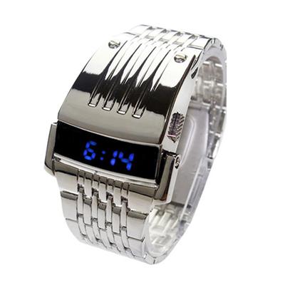 Yousheng LED Display Wide Stainless Steel Fashion Blue Band Men Digital Wrist Watch Gift