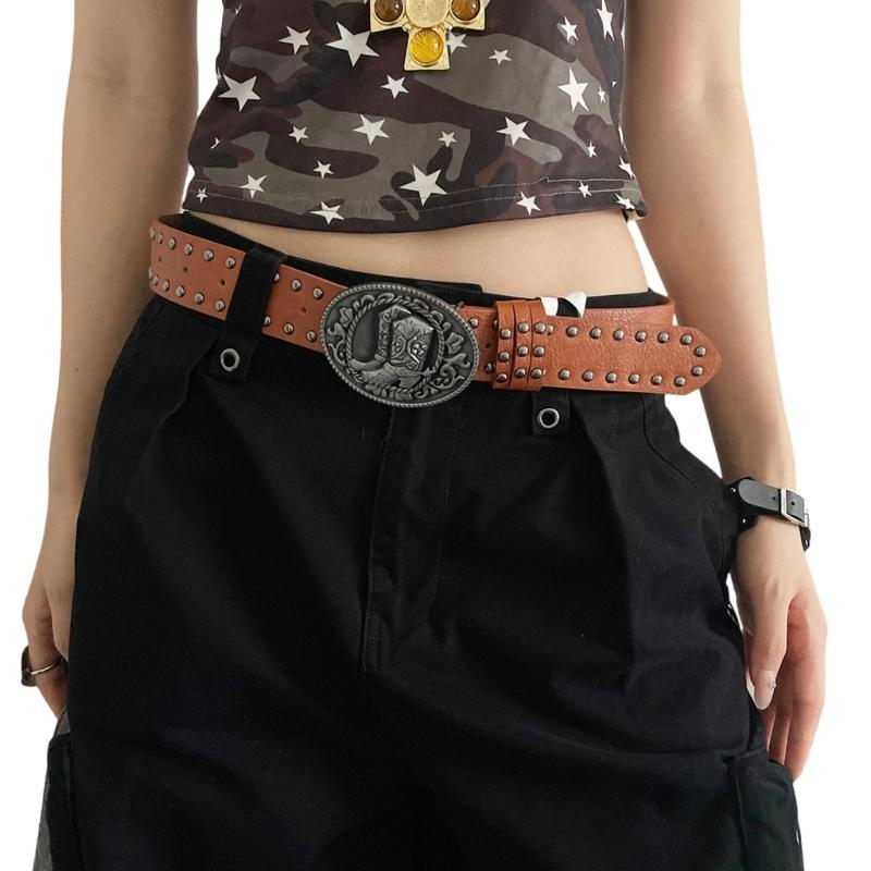 Punk Adjustable Women's Belt Embellished with Retro Studs and Carved Detailing for Edgy Fashion Looks