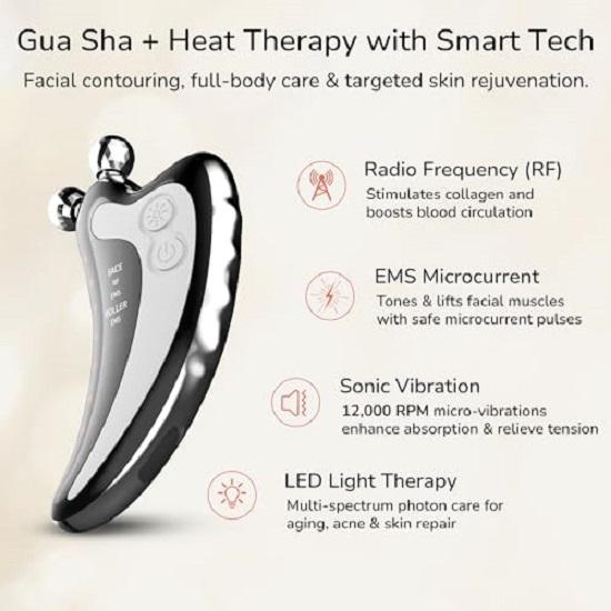 Smart Elektrischer Gua Sha Gesichtsroller 2 mit EMS, RF, Wärme 7-Farben LED-Lichttherapie Formen, Straffen, Anti-Aging, Aknebehandlung Doppelkinnreduktion