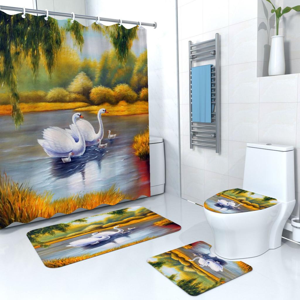 Shower Curtain Digital Printing Shower Curtain Landscape Bird Polyester Bathroom Partition Curtain Bathroom Four-Piece Set