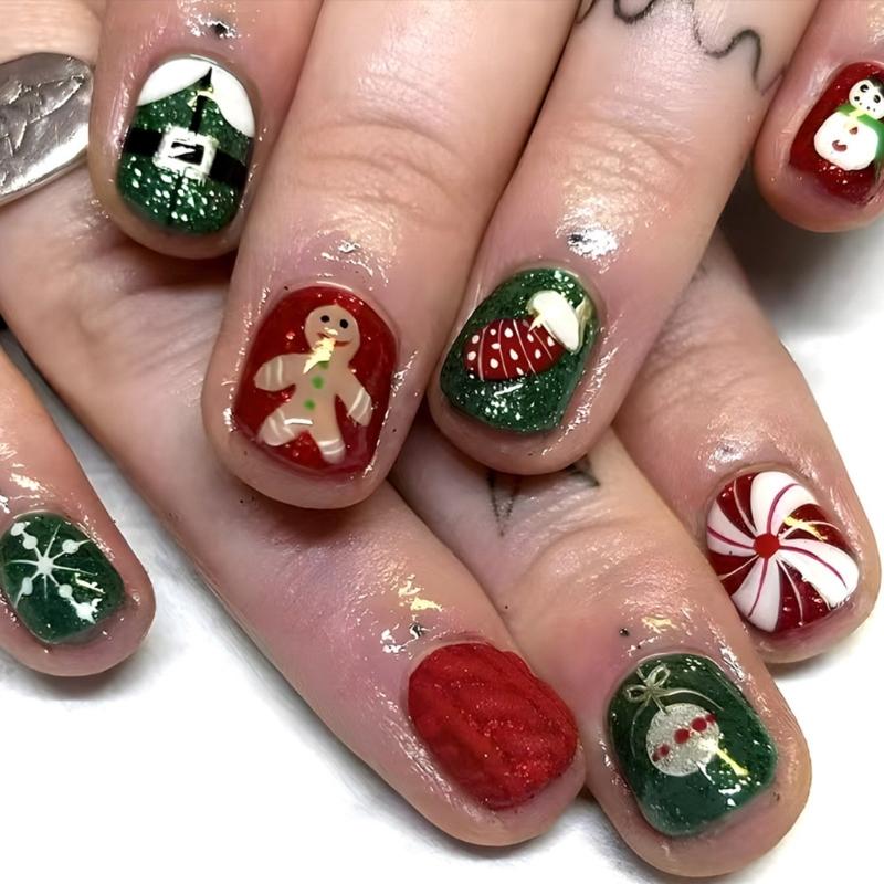 

24 Pcs Christmas Gift Press On Nail Snowman Full Cover Stick on Nail Christmas False Nail Short Round Artificial Nail 1