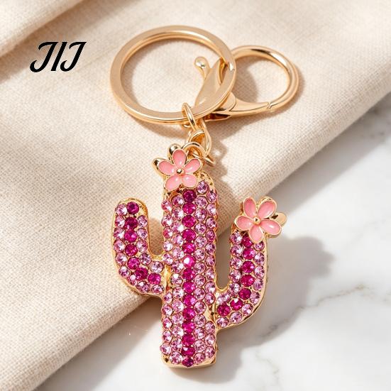 Purse Charm Accessory Bling Rhinestone Cactus Keychain, Pink Flower Keychain Keyring Pendant, Handbags Backpacks