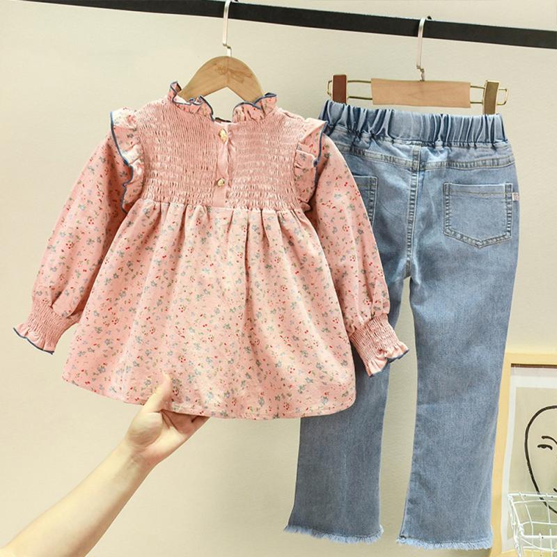 2pcs/set Baby Girls Cotton Cute Long Sleeved Sets Floral Shirt + Denim Flared Pants Suit Pullover