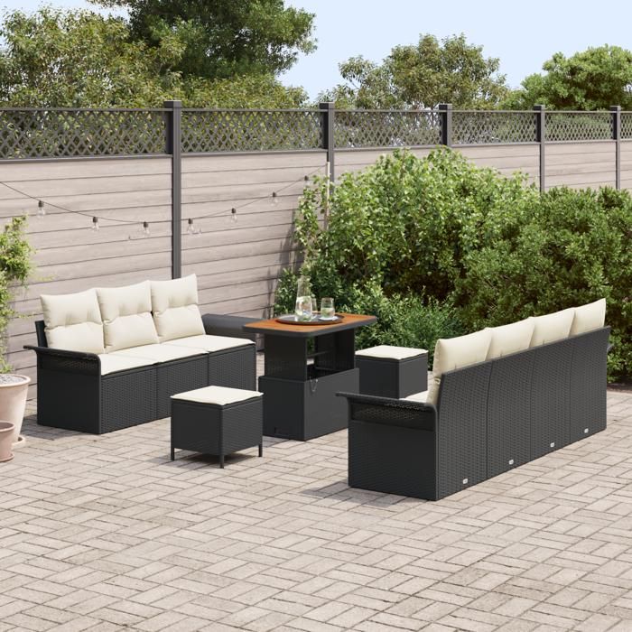 Ensemble de Canapé de Jardin vidaXL 10 Pièces Avec Coussins Noir Rattan Poly Acacia 3364050