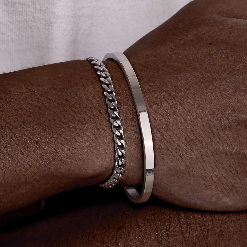 Men's 2pcs Set Simple Fashion Cuban Snake Link Chain Bracelet Stainless Steel Open Cuff Bangle Punk Hip Hop Jewelry Set Gifts
