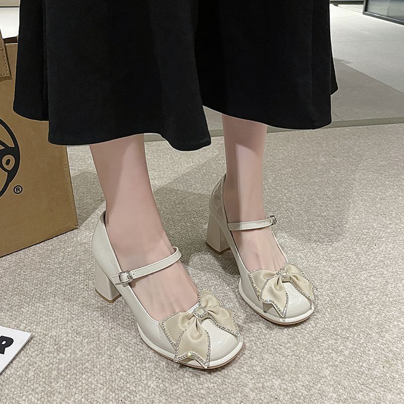 Xiaoxiangfeng Retro Women's Shoes Daughter Gold Bow High Heels Princess Feng Shui Diamond Thick Heel Mary Jane Single Shoes Women