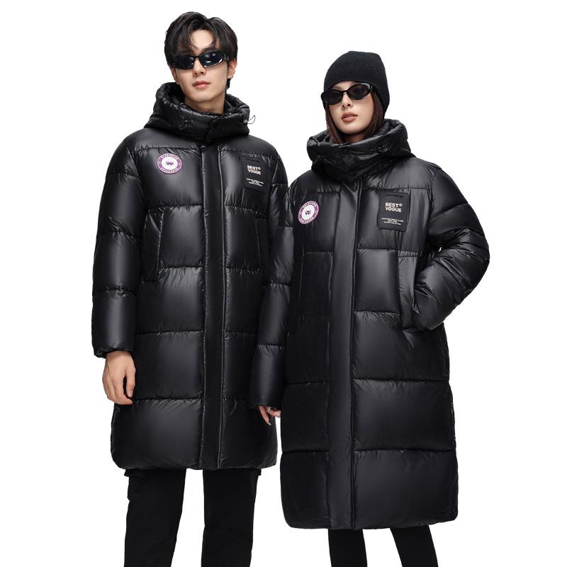 2024 Unisex Extra Long Hooded Black Cotton Jacket - Color Block Thickened Winter Coat