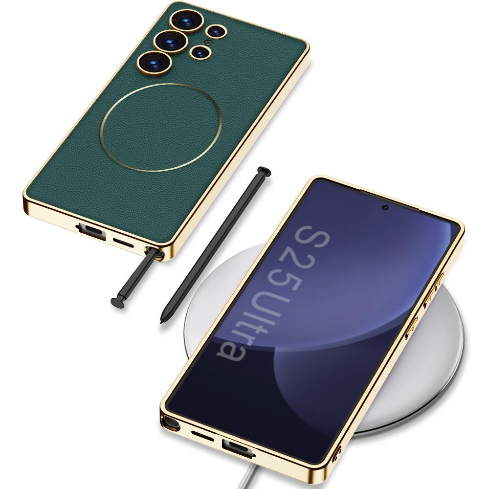 Samsung S25 Ultra Mobile Phone Case S24u Electroplating Plain Leather S23ultra Wireless Charging Anti Fall Protection Case