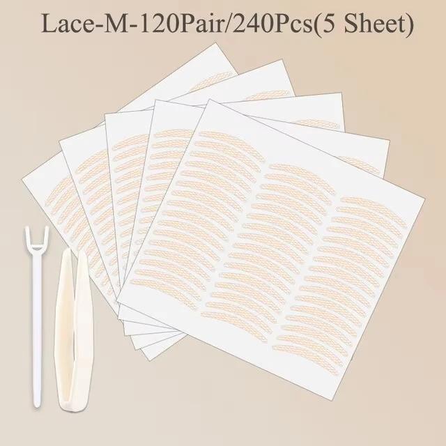 240Pcs Water-activated adhesive lace eyelid tape, invisible mesh for natural beauty, olive-shaped, glue-free, long-lasting hold.