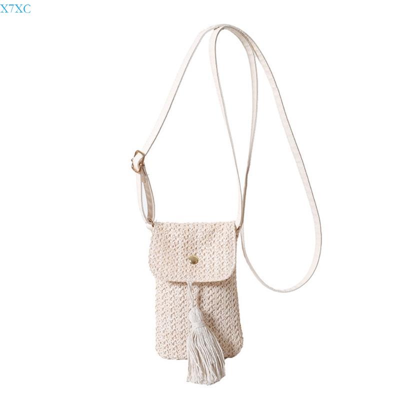 X7XC Vintage Crossbody Phone Bag for Women Fashionable Beach Vacation Woven Straw Small Shoulder Purse Wallet with Tassels