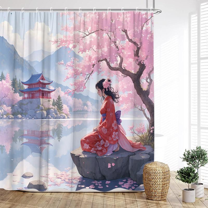 

Морские волны Осьминог Шторки для душа Солнечный Красный Цветочный Павильон Японский стиль Пейзаж Полиэстеровая ткань Домашний декор для ванной комнаты 180x180cm-70x70in