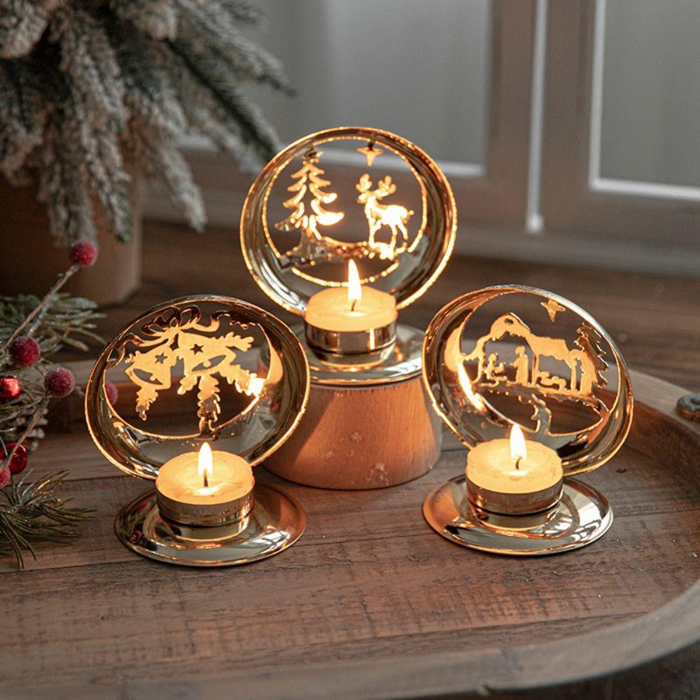 New Golden Christmas Candle Holder Christmas Tree Deer Bell Iron Xmas Candlestick Candle Stand Home Decorations Table Ornament
