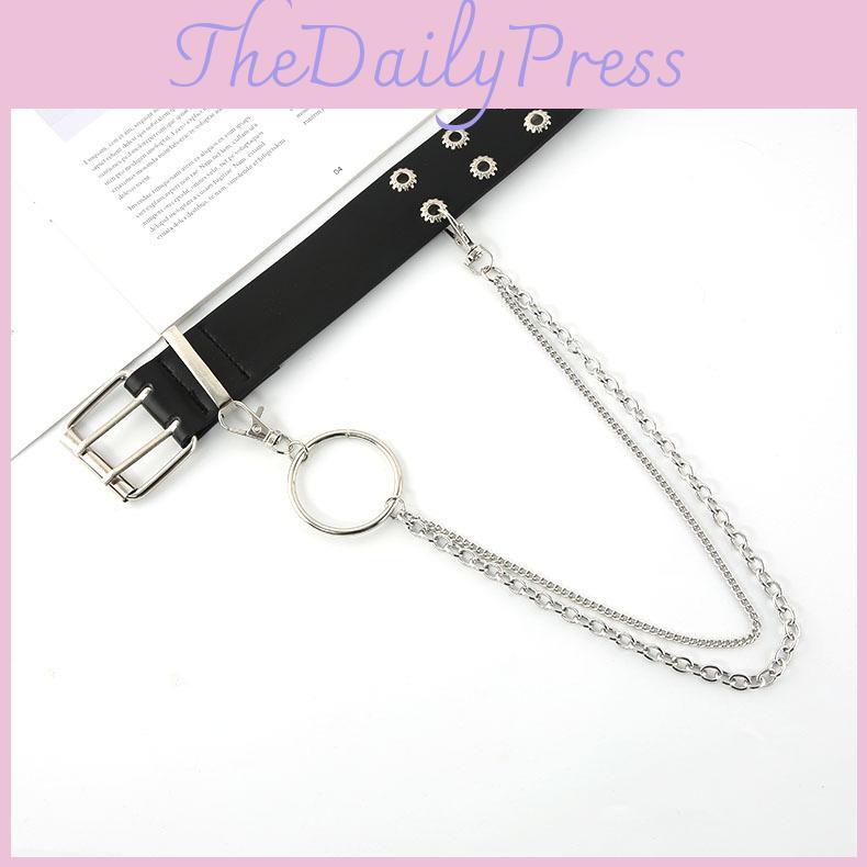 Gear Breasted Double Buckle With Chain Belt Black Adjustable Freely Fits Well