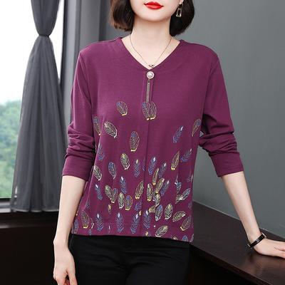 Women's 4XL Spring New Mother's Wear Long-sleeved T-shirt Simple V-neck Printed Design Loose Slimming Splicing Women's Clothing