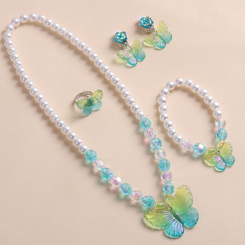 Süßes Cartoon-Schmetterling-Perlen-Schmuckset für Mädchen: Halskette, Armband, Ohrringe
