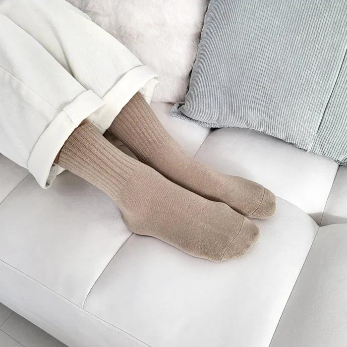 [5 Pairs] Women's Mid-Length Daily Plain Socks (White/Black/Beige/Ivory)
