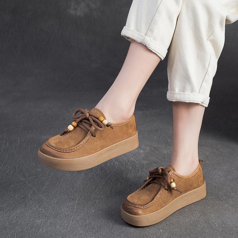 Mode Frühling Herbst echtes Leder Freizeitschuhe Damen weiche Sohle Mama tiefer Ausschnitt handgefertigt Retro quadratische Zehenpartie Damenschuhe