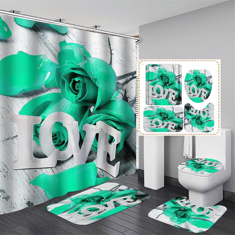 Perdele de duș cu trandafiri cu flori Perdele de baie din poliester impermeabil cu cârlige Perdeau pentru cadă Covoare moi pentru podea Covoraș de baie anti-alunecare Decor baie 4buc