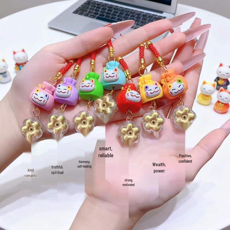 Golden Lucky Cat Keychain & Phone Lanyard - Cute Cartoon Bell Bag Charm for Women