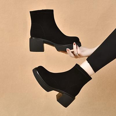Thick-soled Women's Boots Autumn and Winter New Fashion Thin Boots Waterproof Table Thick Heel Elastic Boots Black Cotton Boots