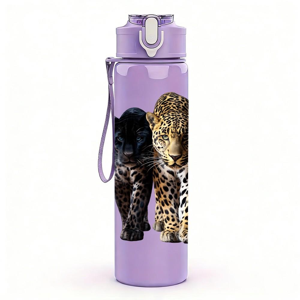 1PC Black Leopard Cat Standing Animal Print 750ml Color Plastic Sports Water Bottle Leakproof Flip Straw Lid Suitable for Sports Office Home Use