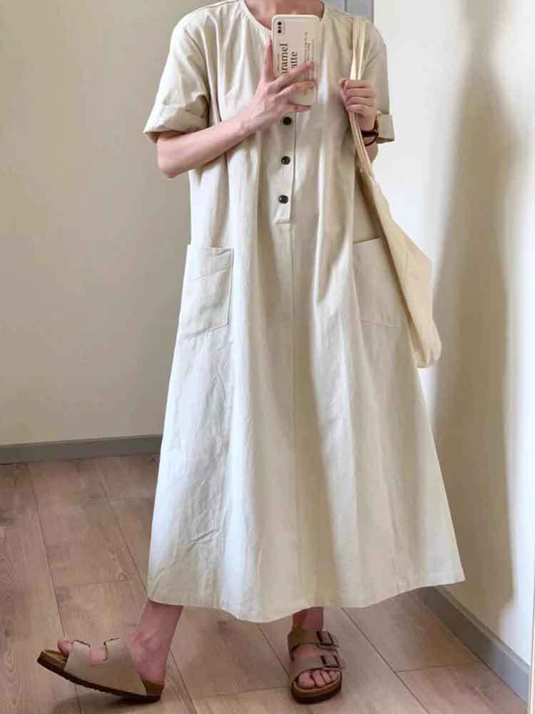 Women's summer new literary and retro Japanese long dress loose casual and thin short-sleeved dress small lazy style