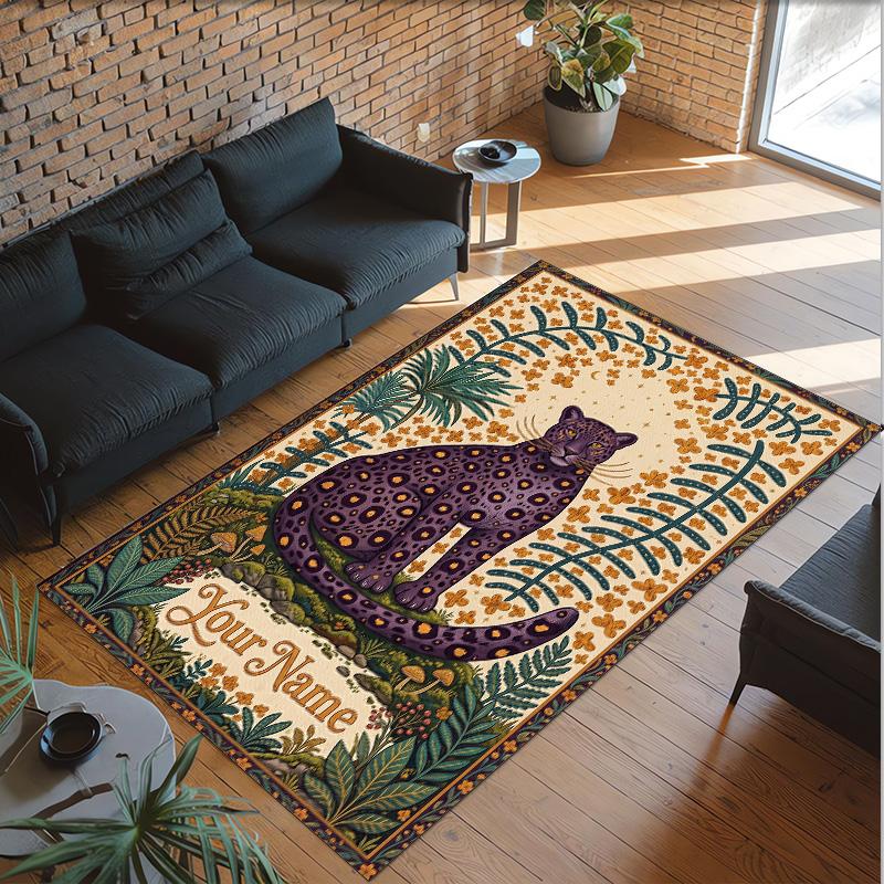 Leopard Theme Crystal Velvet Floor Rug Personalized Custom Name Text Warm Carpet Home Decoration