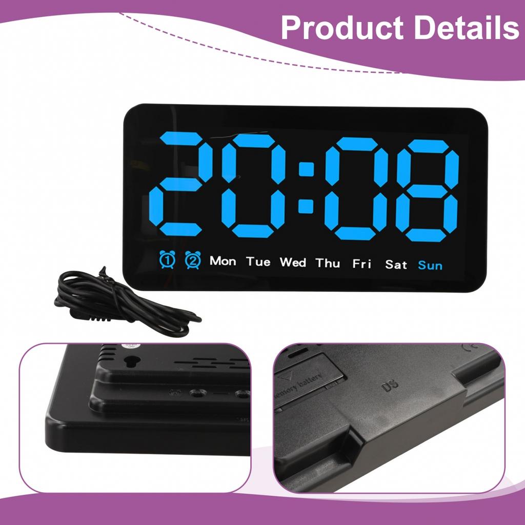 Large LED Digital Wall Clock Time Date Week 12/24 Hour Format 3 Brightness