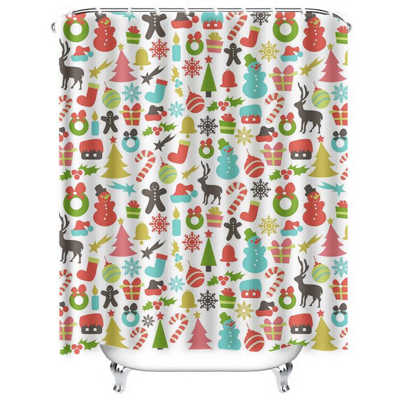 TU Christmas Shower Curtain Festive Holiday Decor Waterproof Bathroom Set Xmas Pattern Backdrop