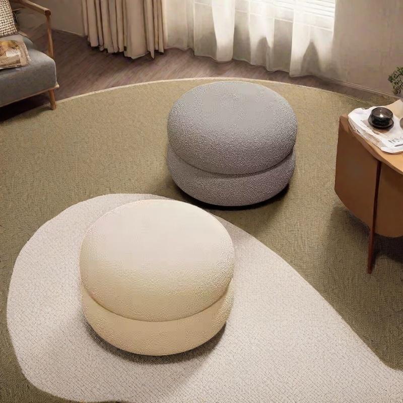 Modern Cream Round Stool - Low Seating for Living Room Sofa, Bedroom & Shoe Changing, Velvet Upholstered Home Decor Accent Piece