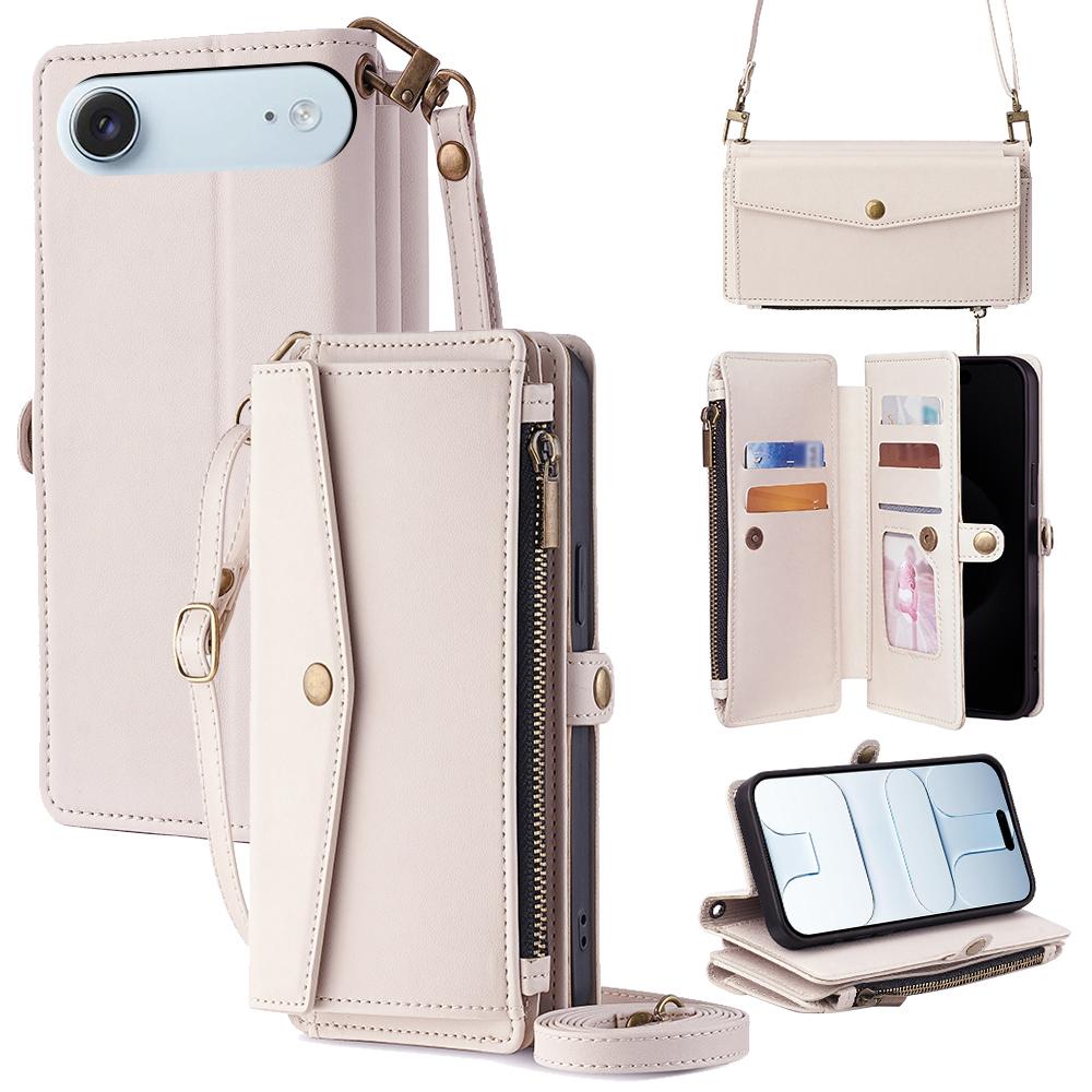 For iPhone Air Case Card Slots Zipper Purse PU Leather Phone Cover with Shoulder Strap
