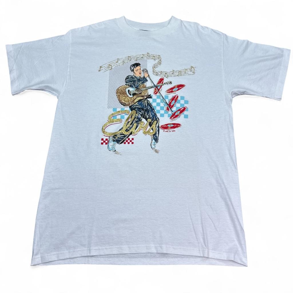 Vintage 90s Elvis Presley King of Rock Tee Shirt Adult Size Large Glitter Gold