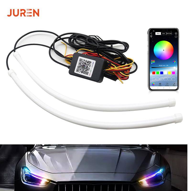 2pcs 12V DRL Car LED Daytime Running Light APP Control Flexible RGB Symphony Flowing Turn Signal Strip Headlight Decorative Lam