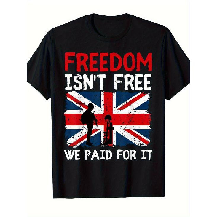British Soldier  Freedom Isn t Free  T-Shirt - Union Jack & British Soldier Silhouettes, Loose Fit Casual Tee for Remembrance Day, Veterans Day, S чёрный