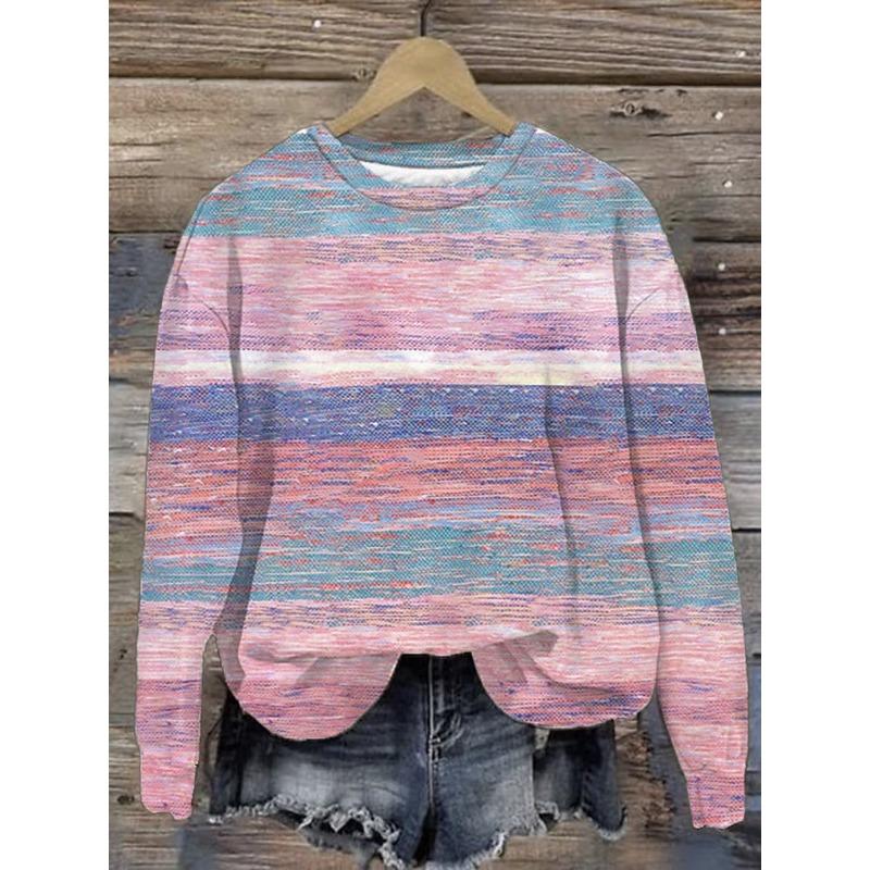 Women's Casual T-shirt 3D Printed stripe prints Round Neck Retro Elegant Long Sleeves Women's Fashion Pullover Long Sleeve Tops