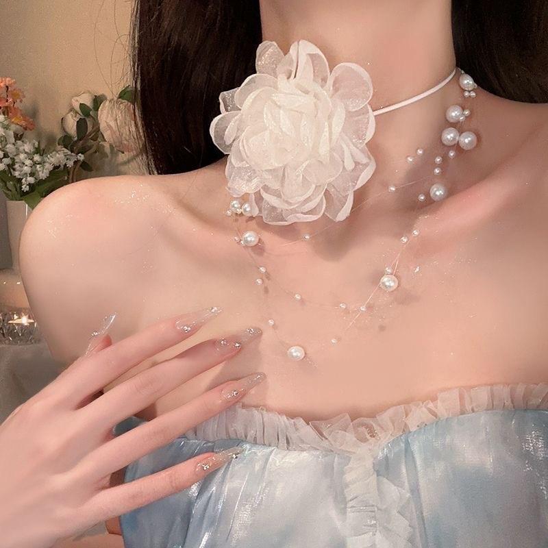 Lolita Camellia Choker Necklace for Women - Dark Clavicle Chain, Maid Style Neckband Collar