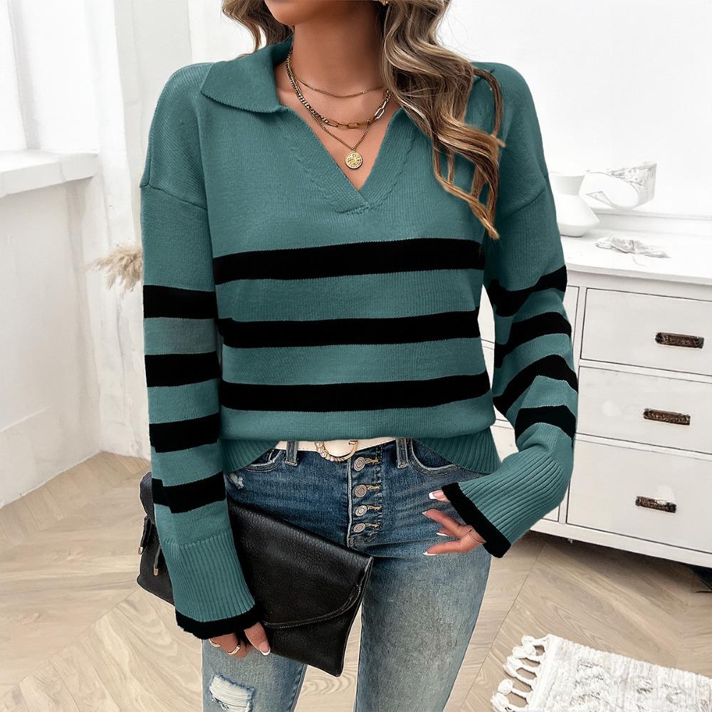 Autumn and Winter Women's Casual Loose Striped Contrasting Lapel Sweater Tops for Women