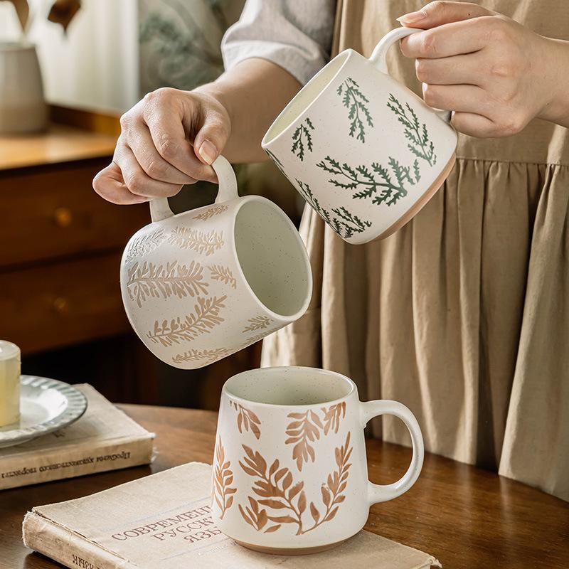 Pastoral Mug Ceramic Cup Delicate Relief Leaf Cup Household Water Cup Large Capacity Japanese Coffee Cup