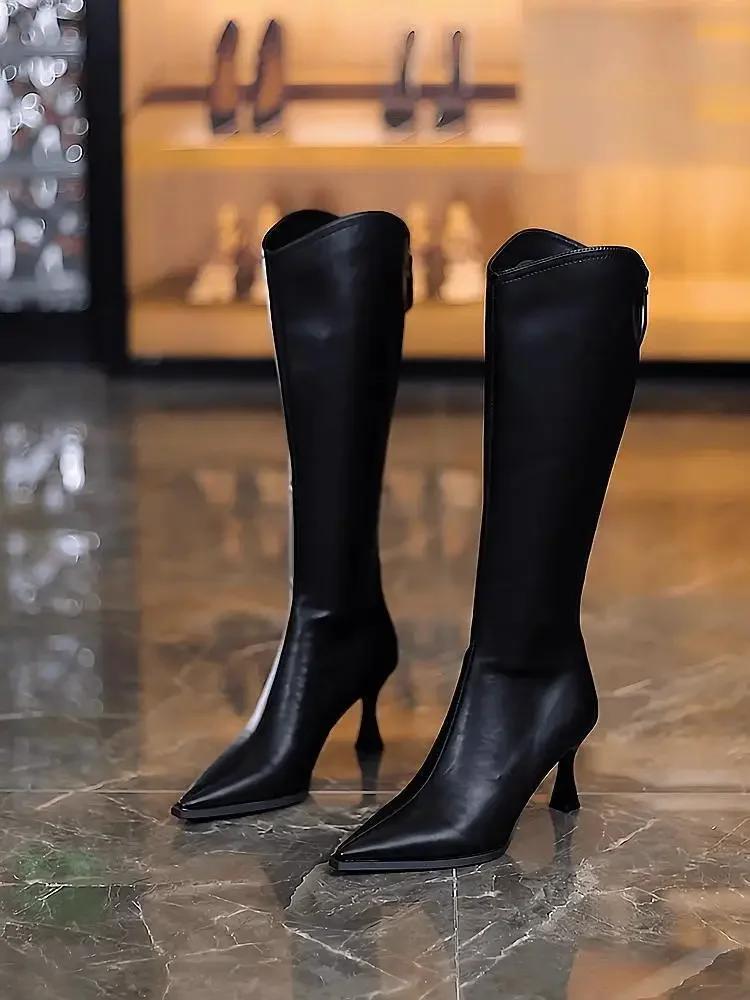 Fashion Ladies Knee High Shaft Shoes Leather Pointed Toe Women's Long Boots Black Elastic Demi-season Pu Hot New Rock Work Gothic Goth