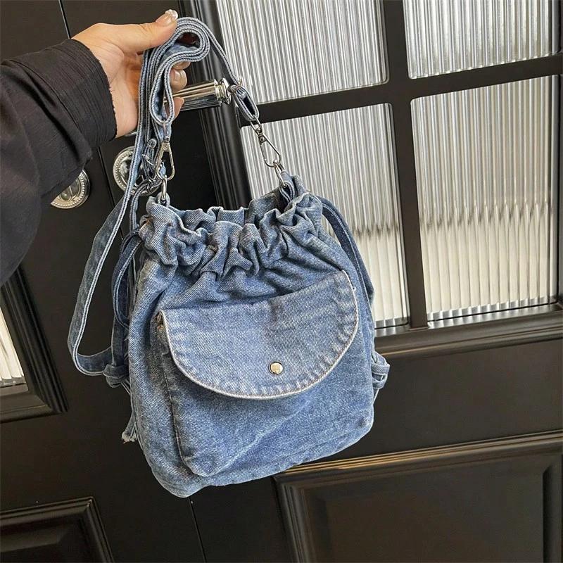 Student Simple Shoulder Tote Bag, Large Capacity Bag, Vintage Blue Distressed Style, Slouchy Crossbody Bag, Casual For Women's Daily Use