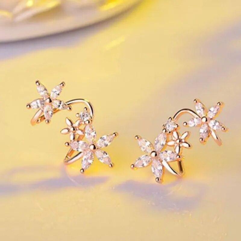 ANENJERY Shiny Earring Flower Curved Clip-on Earrings For Women Crystal Zircon Clip Earrings New Fashion Sweet Jewelry