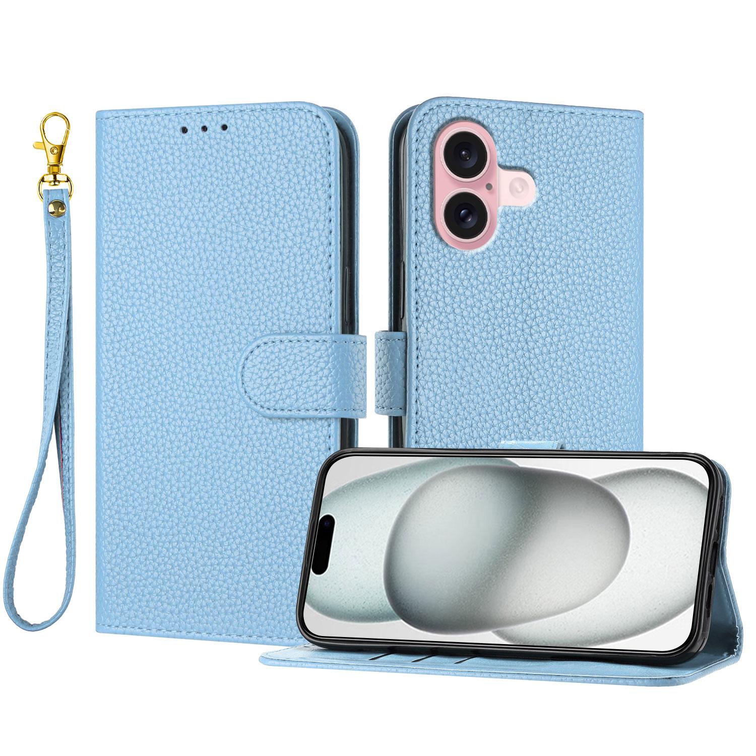For iPhone 16 Leather Case Litchi Texture Wallet Stand Anti Drop Phone Cover with Wrist Strap D