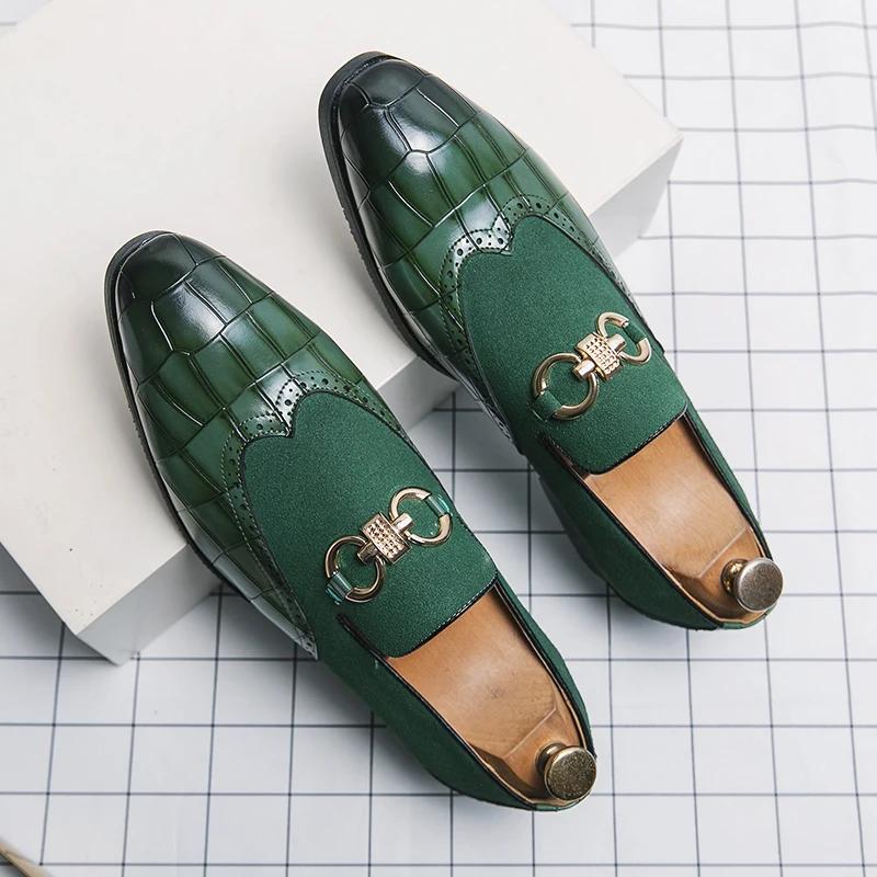 Loafers Men Shoes Stone Pattern PU Stitching Faux Suede Metal Buckle Fashion Business Casual Wedding Party Dress Shoes
