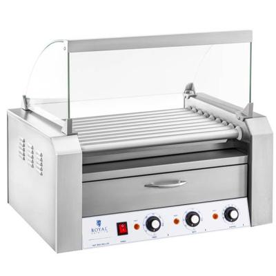 Roller Grill with Cover and Warming Drawer for Buns 16 HotDog Sausages 2200W 230V Royal Catering