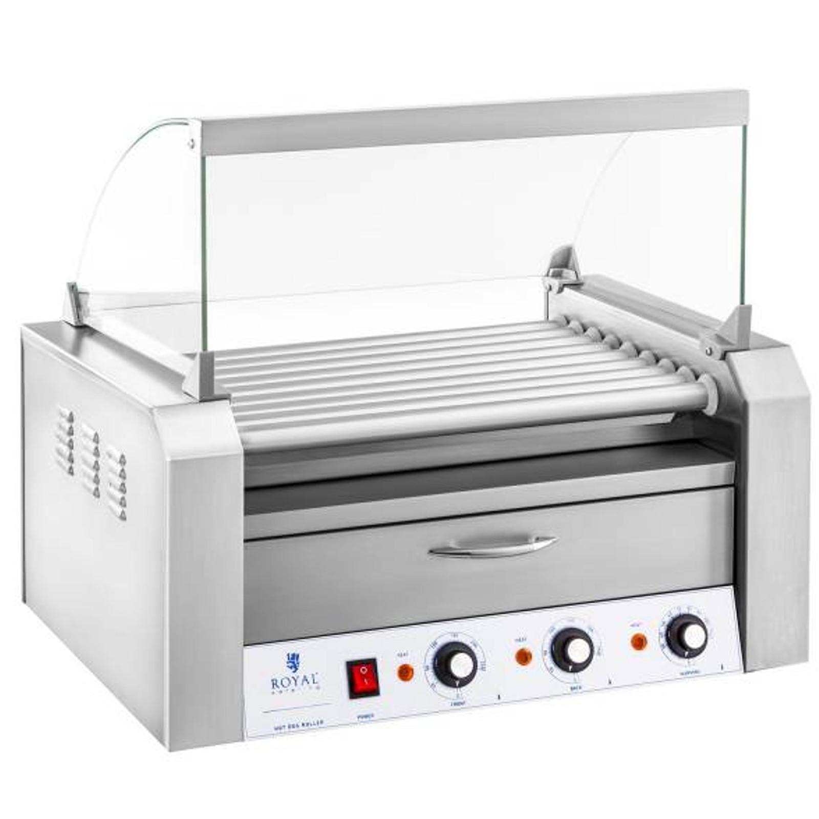 Grill a rulli con coperchio e cassetto scaldapane per panini 16 salsicce HotDog 2200W 230V Royal Catering