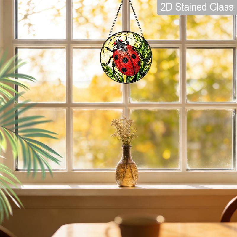 2D Flat Stained Glass Red Seven-Spotted Ladybug Window Decoration, 7.87inches Colored Glass Plate with Chain, Charming Spring Summer Sun Catcher Home