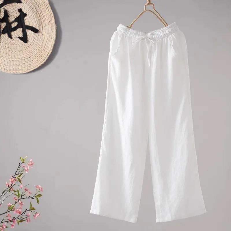

Хлопковые брюки летние женские большие размеры свободные пижамные брюки универсальные повседневные льняные брюки с высокой талией широкие M белый