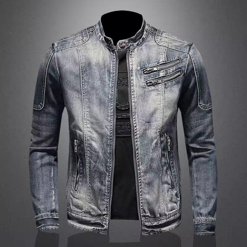 Men's European-Style Retro Slim Fit Denim Motorcycle Jacket with American Trend Influence